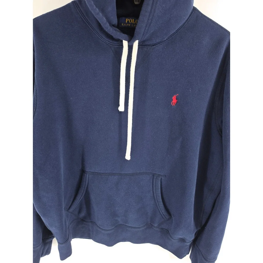 Polo Ralph Lauren Mens Navy Blue Fleece Pullover Hoodie Red Pony Logo Large